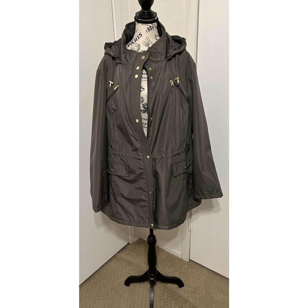 Avenue Women's Hooded Anorak Rain Jacket Snap/Zipper - Olive Green - Size 26/28